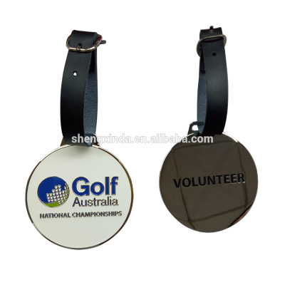 Round Gold Golf Club Factory Manufacture Metal Bag Tags Name Tag With Black Leather Strap golf bag tag